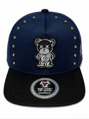 Top Level Studded Bear Patch Snapback Hat | Navy/Black Adjustable Cap
